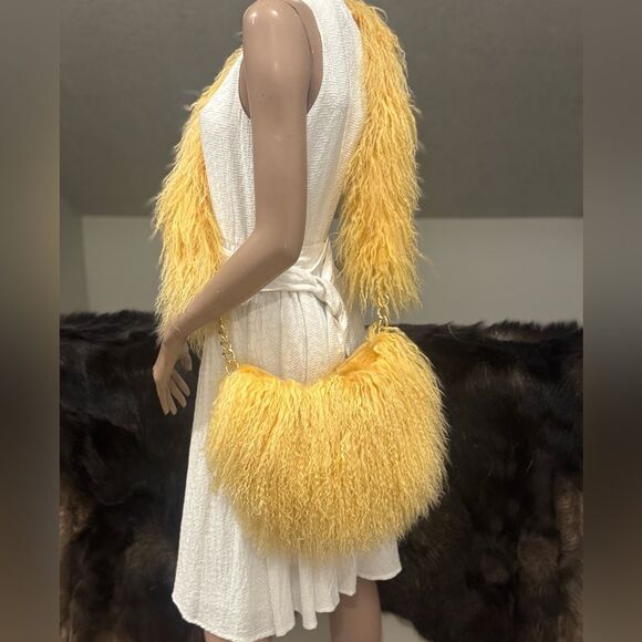 Yellow Real Mongolian Lamb Fur Handmade Stylish Hobo Bag/Multi Use Style - Picture 12 of 17